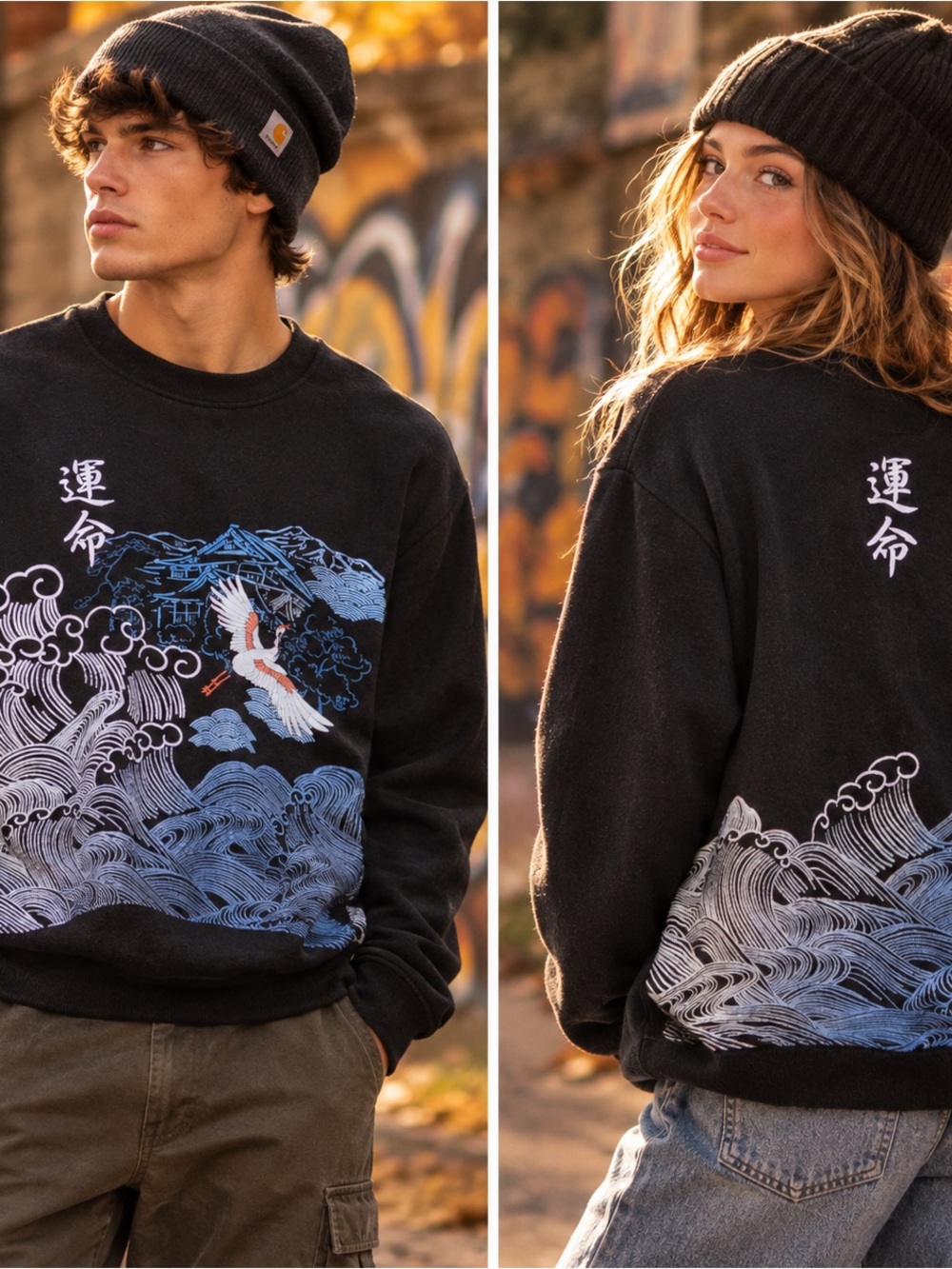 Blind Rooster Black Graphic Wraparound Crane Waves Kanji Fate Sweatshirt Medium
